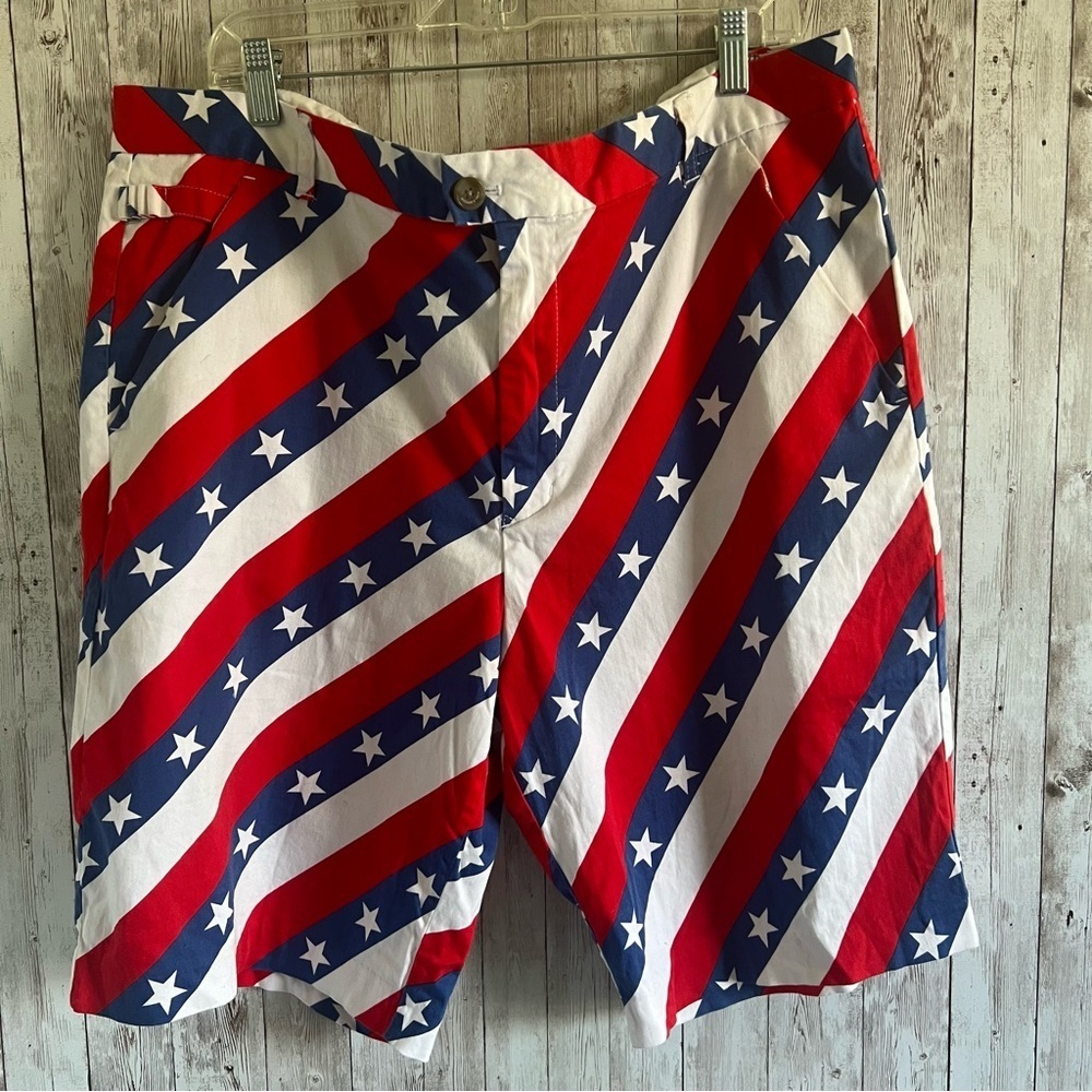 Royal & Awesome Red and White Golf Shorts with Patriotic Americana Stripes 42